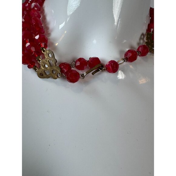 Vintage Triple-Strand Red Lucite Beaded Necklace With Brass Findings & Hook Clas - Picture 4 of 16